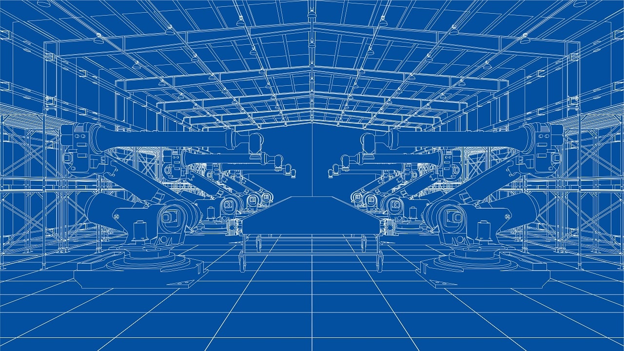 fundo azul com máquinas industriais desenhadas em branco remetendo à indústria 4.0
